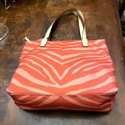 COACH Zebra Stripe Canvas Tote Shoulder Bag Hot Orange & Coral 