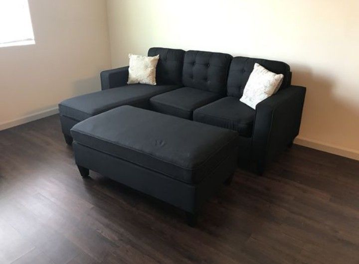 Brand New Black Linen Sectional Sofa +Ottoman (New In Box)