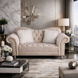 Luxury Classic America Sofa Chesterfield Tufted Camel Back Loveseat in Beige