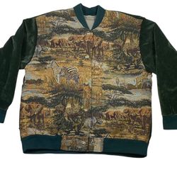 Vintage Jungle Safari Animal Tapestry Print w/ Dark Green Velvet Jacket XL
