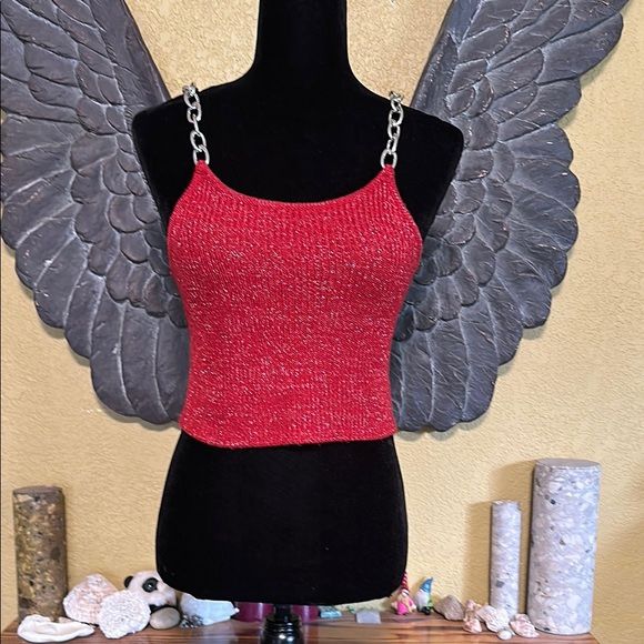 The Ragged Priest Red Chain Strap Knit Crop Top