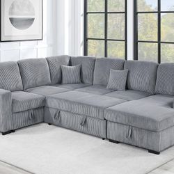 4pcs Sectional Sofa w/storage chaise,pulloutbed & usb connection