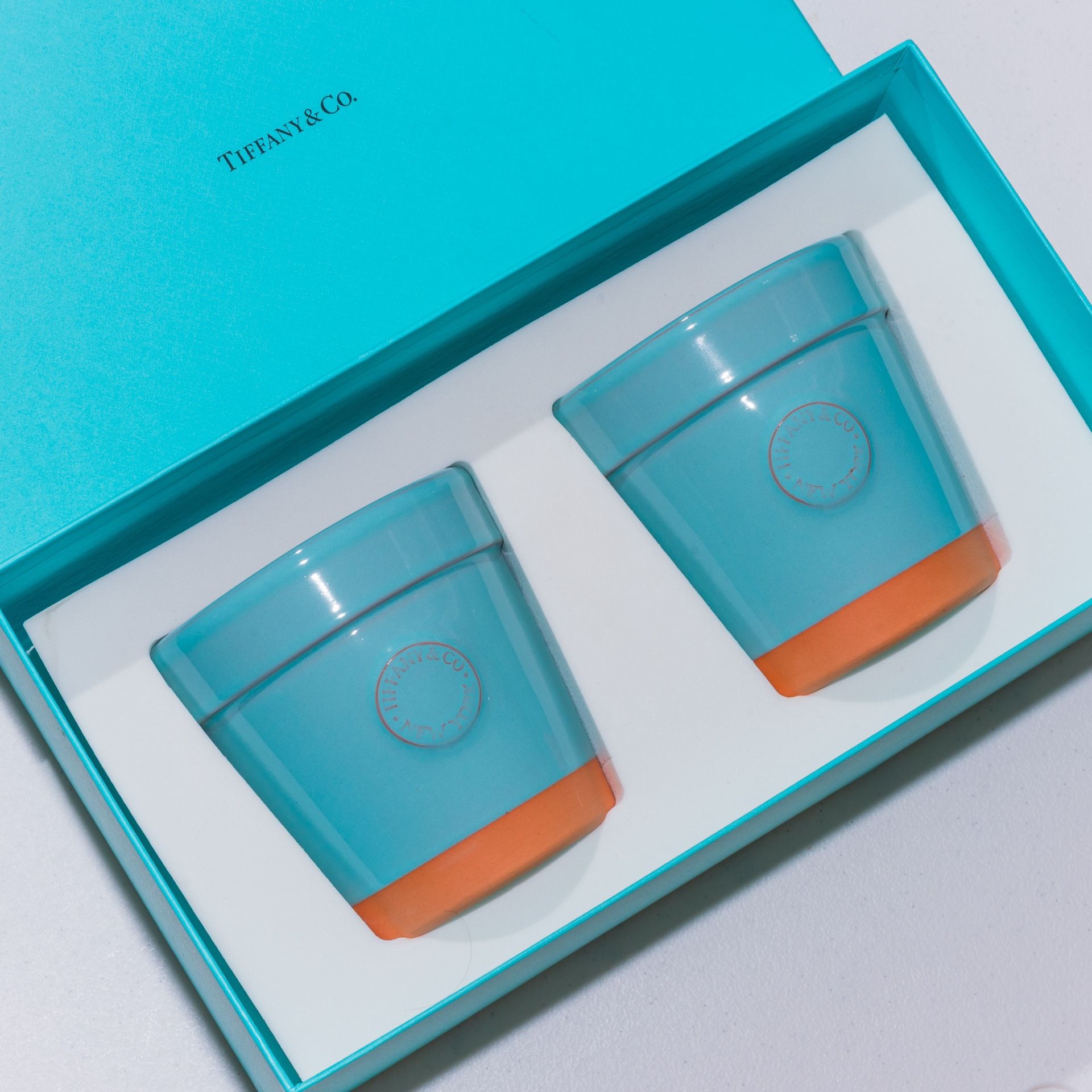 New in Box Tiffany & Co Set Of 2 Terracotta Blue Glazed Flower Pots Planters