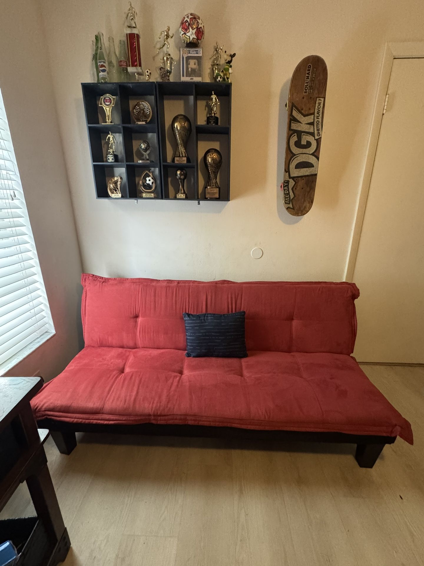 Convertible Futon Couch Bed with Microfiber Upholstery and Wood Legs, Red