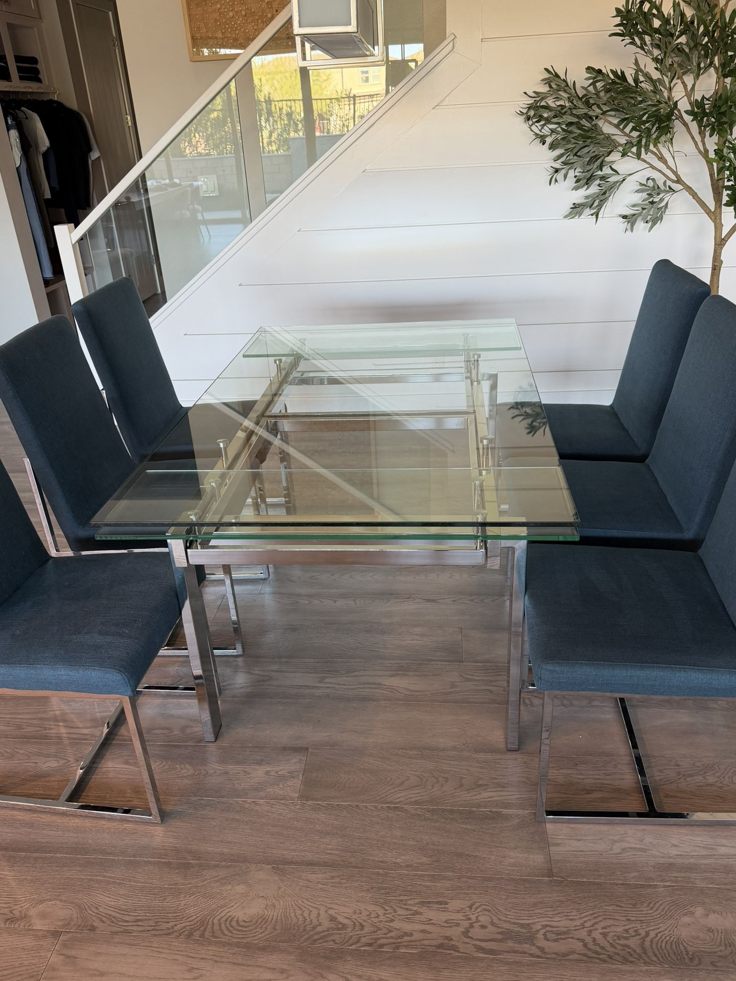 Modern Glass Dining Table & 6 Blue Chairs