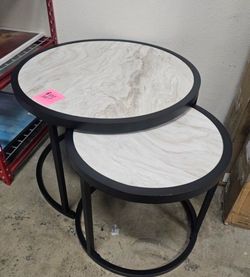 Round Marble Look Nesting Tables Set Black Case