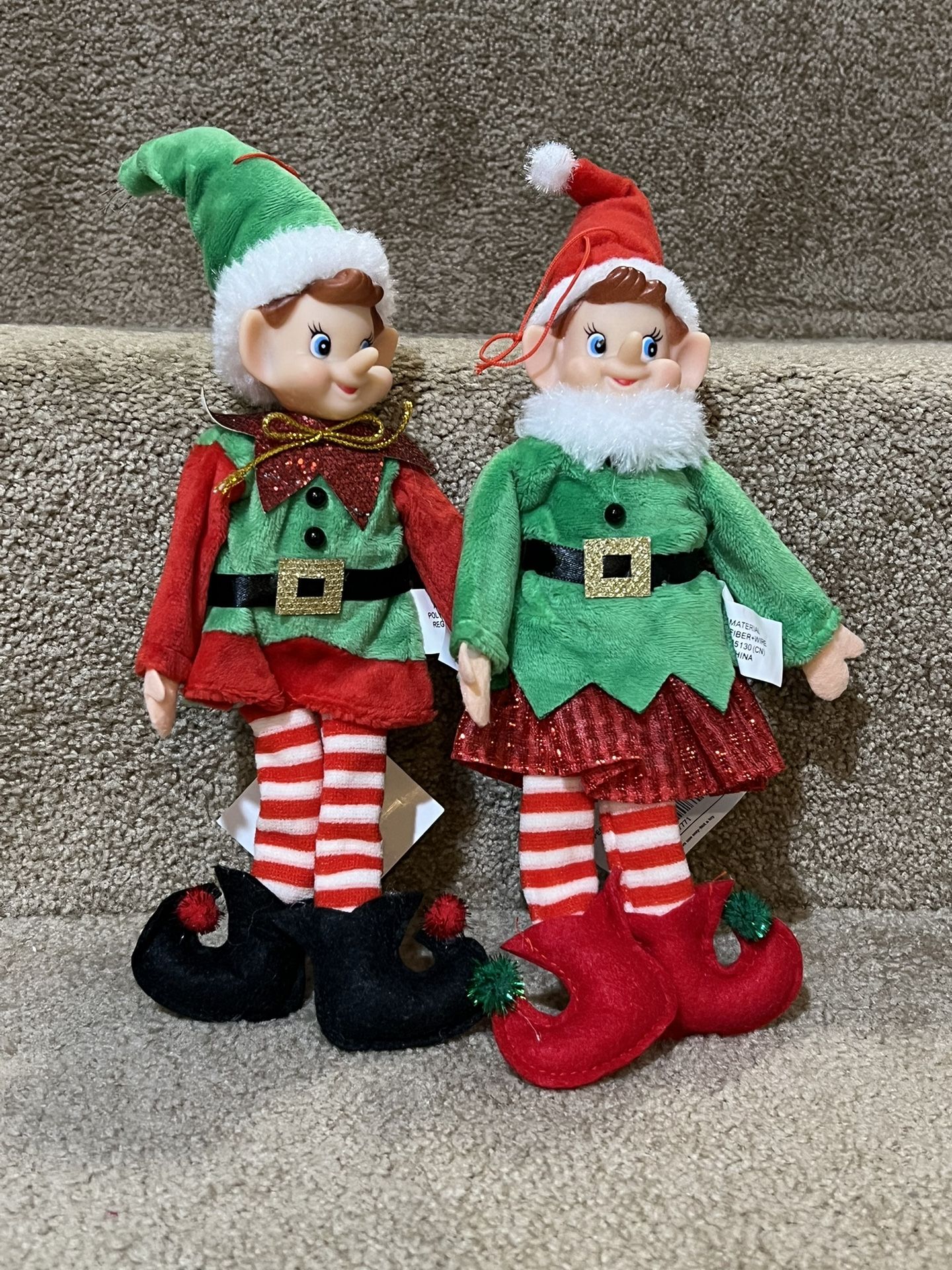 Lot of 2  Elf Ornaments Figurines Boy & Girl Bendable Arm Knees 9" NEW
