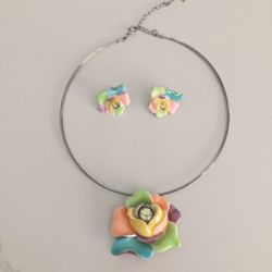 Multi-colored Rose Necklace & Earring Set Sliver Lobster Clasp & Jump Rings