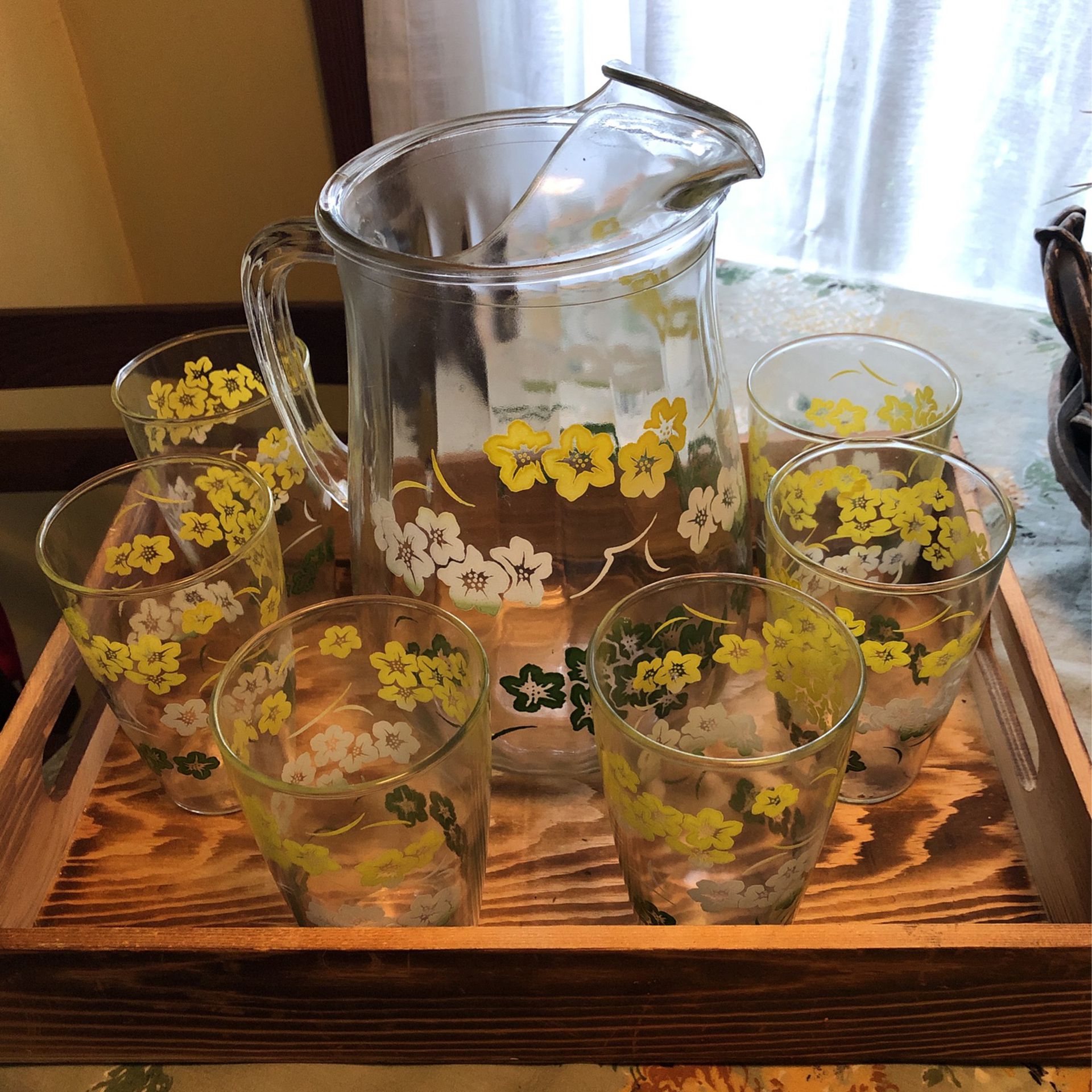 Antique Glass Pitcher ,and 6 Glasses With Tray