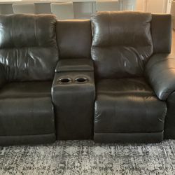 Grey Leather Two-Seater Reclining Couch in Excellent Condition!