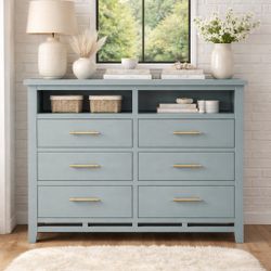Aqua Smoke Blue Media Console • 6 Drawer Modern Cottage Storage Cabinet