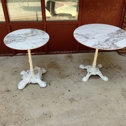 Pair of New French Bistro Style Real Marble Round Pedestal Tables - Heavy Cast Iron Bases  Asking  $270 Obo