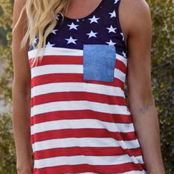 Flag Stars Stripes Print Tank with Patch Pocket