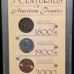 AMERICAN PENNIES SET • 1898 Indian Head Cent + 1943 Steel Penny + 2000 Lincoln Penny • Informational Case with Certificate of Authenticity
