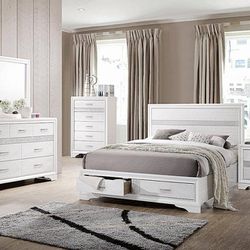 NEW Modern Bed Set Miranda 4 pc White Queen / king Bedroom Set With Storage Drawers  