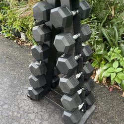 SET  OF  NEW  RUBBER  HEX  DUMBBELLS  (PAIRS OF)  :  25s  30s  35s  40s  45s  50s  &  PYRAMID  SPACE  SAVING HEAVY  RACK