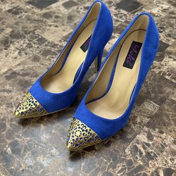 Yoki Goldie Royal Blue Pumps Gold Toe Pointed Accents Size 7.5