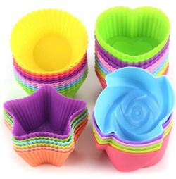 Silicone Cupcake Liners for Baking, 24Pcs Reusable Muffin Cups Greaseproof Muffin Liners Nonstick Baking Molds with Round, Stars, Heart, Flowers Shape