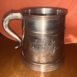 ANTIQUE SILVER ENGLISH GLASS BOTTOM TANKARD ETCHED ROYAL CREST HALLMARKED w/ STAMPED CASTLE & AS