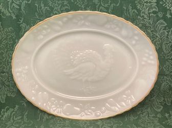 Vintage Anchor Hocking Thanksgiving turkey platter 15” white milk glass 1950s