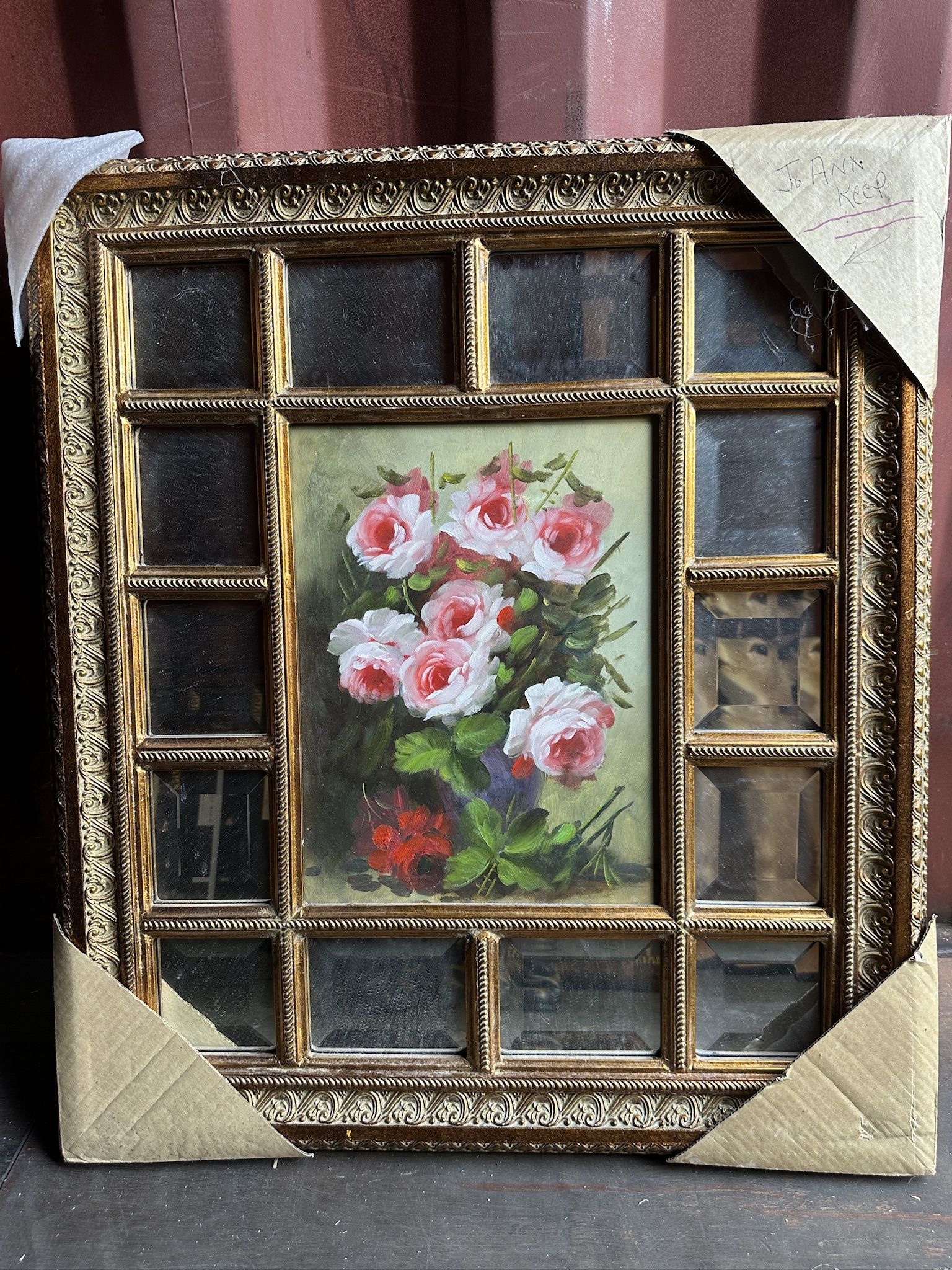 14-Panel Mirror w/ Oil on Canvas w/ Bouquet of Pink Roses