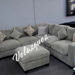 ✅️✅️️✅️4 pc Grey  cordury fabric upholstered sectional sofa with ottoman✅️✅️