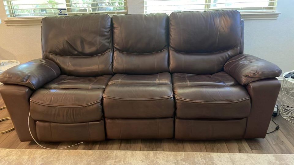 Leather Reclining Couch + 2 End Tables