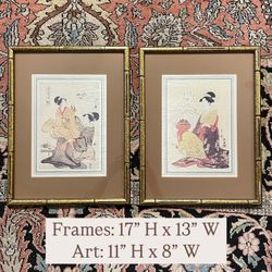 Vintage Japanese Geisha Scenes Art on Silk Panels in Gold Tortoise Wood Bamboo Frames - Pair