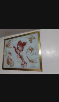 VINTAGE WALL ART GLASS - HUNTING BIRDS 21"×17"