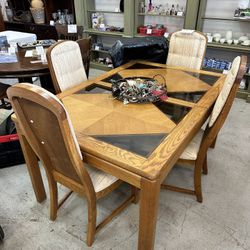 Wood Dining Table with Glass Top & 4 Chairs + Leaf