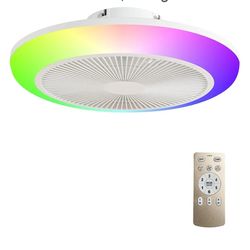 4635: New 18'' Bladeless Ceiling Fan with RGB LED Light, Low Profile Flush Mount Ceiling Fan, Enclosed Quiet Fan with Remote, Dimmable Color Temperatu