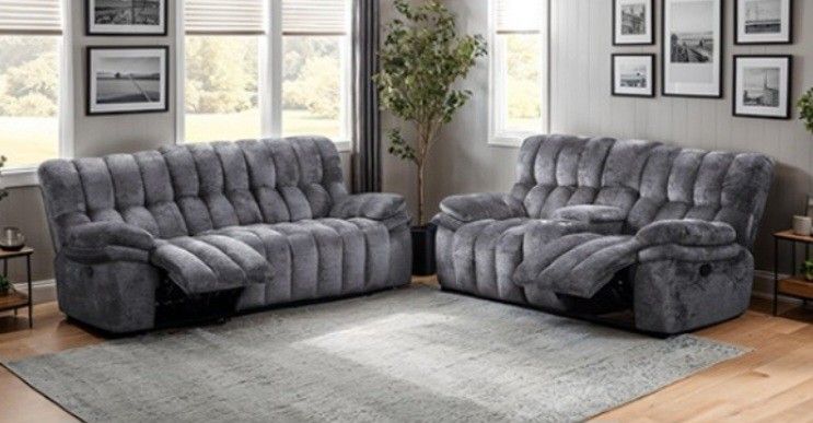Brand New Grey Super Plush Reclining Sofa & Loveseat