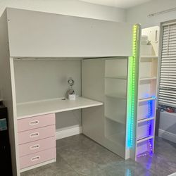Twin loft bedroom girl combo set: Bed + Desk + Closet + Bookcase + Drawers+  LED lights