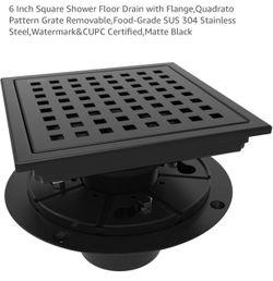 6 Inch Square Shower Floor Drain with Flange,Quadrato Pattern Grate Removable,Food-Grade SUS 304 Stainless Steel,Watermark&CUPC Certified,Matte Black$