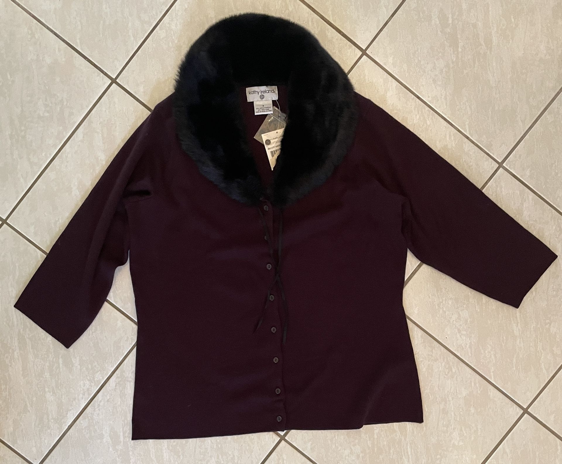 Kathy Ireland Women’s X Plum Cardigan With Detachable Faux fur Collar 3/4 Sleeve