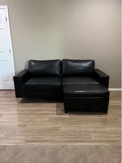 Black Faux Leather Loveseat + Storage Ottoman – Great Condition
