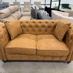 Button-Tufted Chesterfield 63.5" Sofa - Tech Fabric, Wooden Legs, Pillows