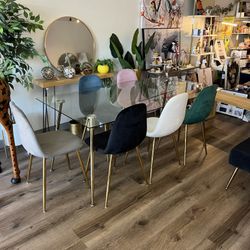 Modern Glass Dining Set For Six People With Velvet Chairs And Gold Legs Pick A Color