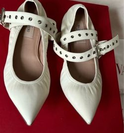 VALENTINO  Garavani White Pointed Mary-Jane Flats with Wrap around Strap