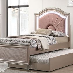 Brand New Rose Gold LED Twin Bedframe With Twin Trundle