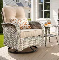 ovios Outdoor Swivel Rocking Chair Set of 2 with Coffee Table, Patio Wicker Rocker with Comfortable Thicken Deep Seating, Comfy Rattan Glider Chairs f
