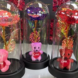 Iridescent Rose & Love Bear Glass Dome 