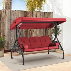 3 Seat Porch Swing with Adjustable Canopy, Patio Swing with Stand Convertible Outdoor Swing Bed for Backyard & Garden, Thicken Cushion & Pillow Patio