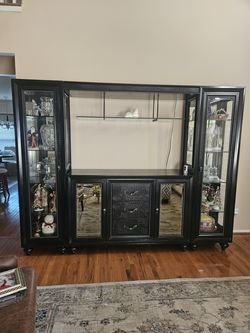 3 piece recliner leather , wall unit, end tables and lamps, walnut wall tv unit