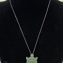 Jade Turtle With Sterling, Turquoise Pendant and Italy Sterling Chain ~ 9.6g