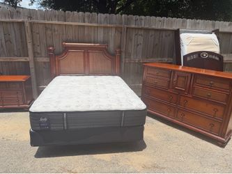 Queen size bed set with mattress box spring dresser and 1 night stand solid wood