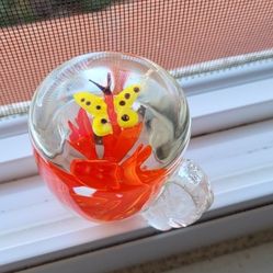 Glass Paperweight Mug/Cup Shape with a red Flower and yellow Butterfly 