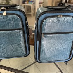 Set Of 3 - Joy Manzano Blue Faux Alligator Carryon Luggage and Briefcase 