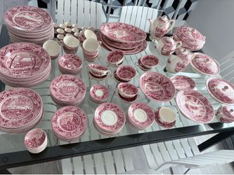 Vajilla vintage inglesa color rosa estilo transferware – juego completo de porcelana