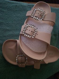 Nude Slide Sandals with Crystal Buckles